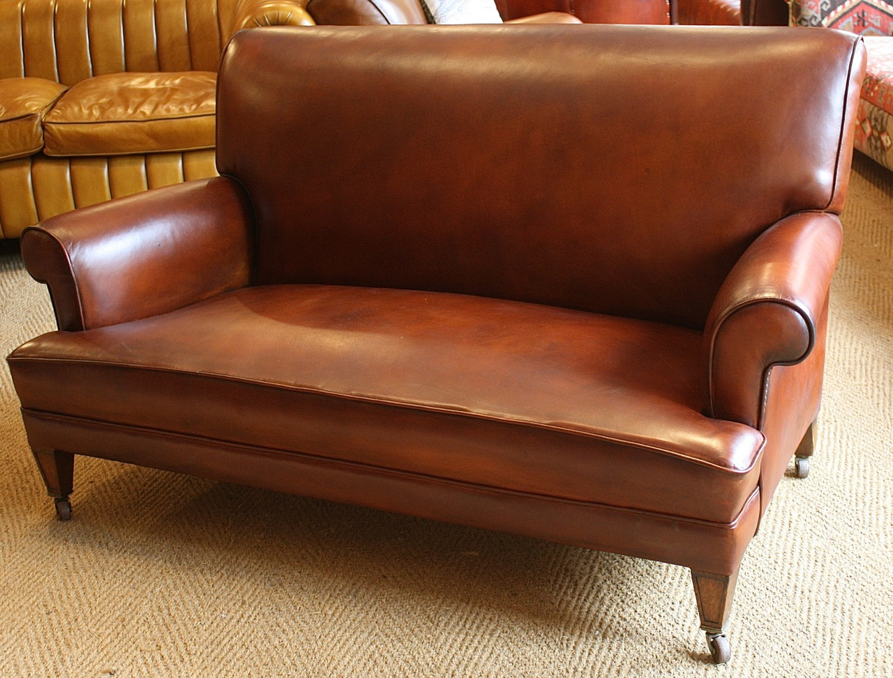1920s 1930s Sofa, Oak Legs, Leather Chairs of Bath Leather Upholstery